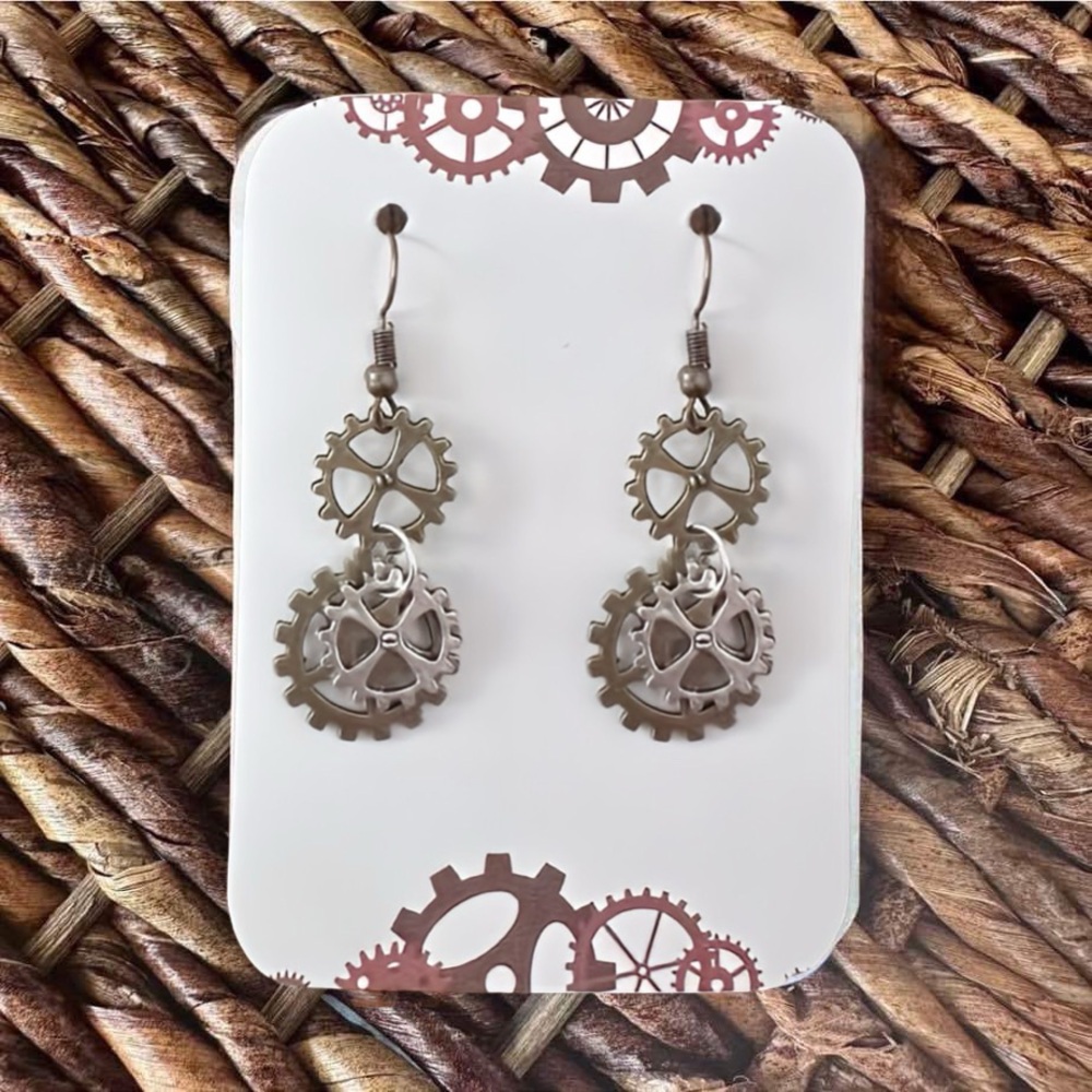 New Handmade Steampunk Gear Dangle Earrings (2" long x 0.75" wide) (Version 9)